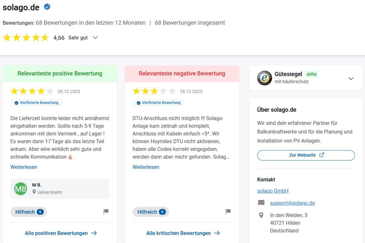 Die Trustedshops Bewertungen von Solago GmbH und einige Beispielbewertungen auf einen Blick.